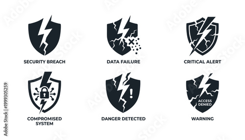 Collection of six dark security breach vector icons with shield and lightning bolt on transparent background.