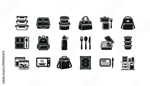 Diverse vector icons for lunch boxes, bags, and food containers on transparent background for meal prep.