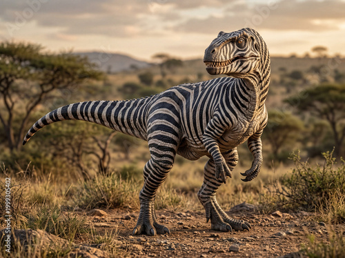 Realistic dinosaur zebra hybrid with striped skin and powerful body