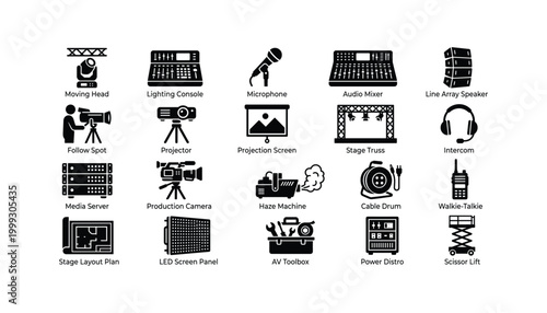 Stage production equipment icons including lighting console media server and projection screen transparent vector.