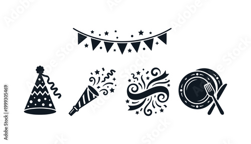 Party decorations with hat garland and horn transparent vector graphic elements.