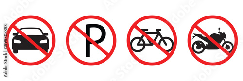No Parking Sign Vector Illustration with Red Circle and Diagonal Line, Black Letter P Symbol, Car and Bike Parking Prohibition Traffic
 Sign for Urban Safety and Regulation