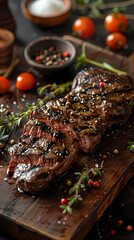 Rustic beef steak on wooden cutting board display with fresh herbs and black pepper, rustic steak food photography.
