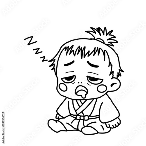 Illustration of a sleepy little samurai baby dozing off