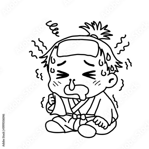 Illustration of an Edo-period samurai shivering with a fever and a runny nose