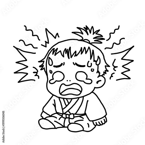Cute Hand-Drawn Illustration of a Baby in Kimono Crying and Panicking, Samurai Style