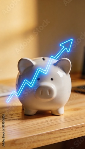 Financial concept illustration of a piggy bank with a glowing upward graph on a wooden desk.