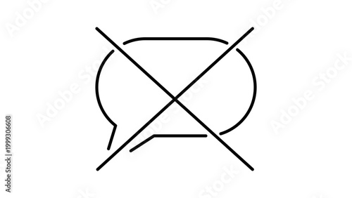Minimalist Black Line Vector Icon of a Crossed-Out Speech Bubble Representing Silence, Mute, or No Talking. Hand-Drawn Style with Editable Stroke for Customizable Line Weight on White Background.