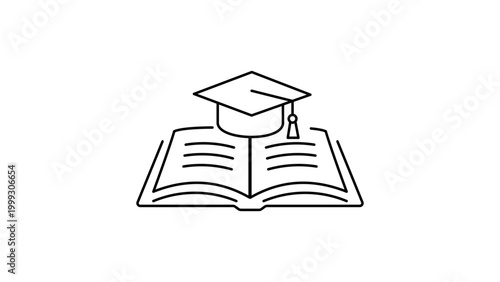 Education and Learning Minimalist Black Line Vector Icon Illustration Featuring an Open Book and Graduation Cap Mortarboard with Editable Stroke for Academic Success and Training Concepts