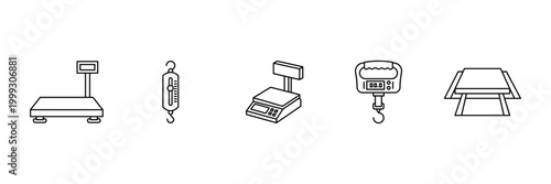 Weight machine icon set featuring industrial platform scale mechanical spring balance retail bench scale digital luggage hook and truck scale.