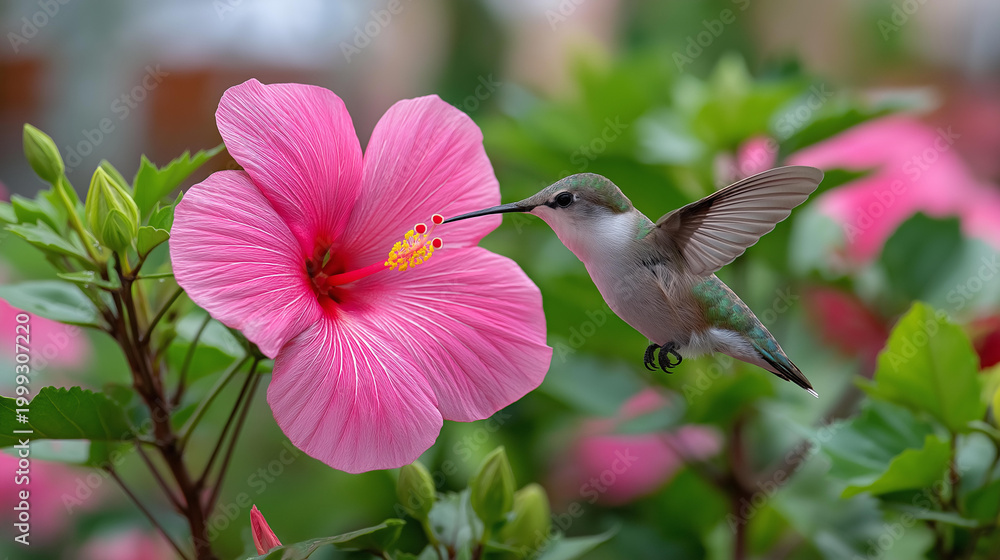 Naklejka premium Hummingbird feeding on a vibrant pink hibiscus flower in a lush garden, garden wildlife concept, exotic bird photography, tropical nature scene, defocused background, with copy