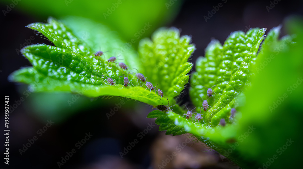 Naklejka premium Close-up of globular springtails clustered on a vibrant green leaf against a dark background, soil biodiversity concept, micro wildlife photography, ecological awareness,