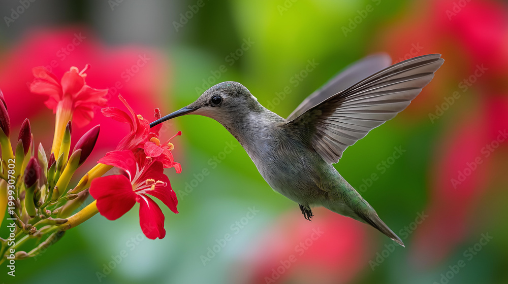 Fototapeta premium Hummingbird hovering mid-flight while feeding on a vibrant red tropical flower, exotic wildlife concept, garden nature photography, defocused lush background, with copy space