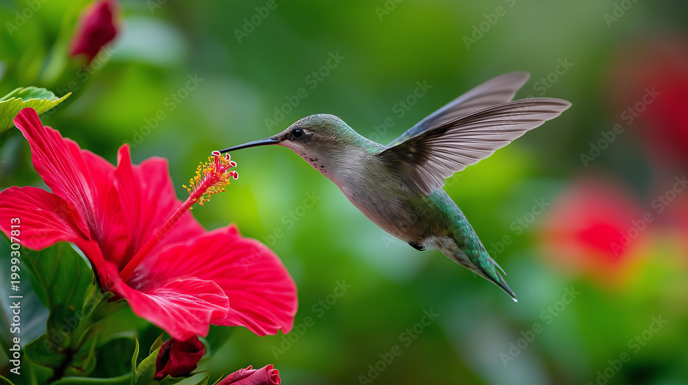 Fototapeta premium A hummingbird in mid-flight approaching a bright red hibiscus flower in a garden, wildlife action shot concept, garden photography, exotic nature moment, defocused background,