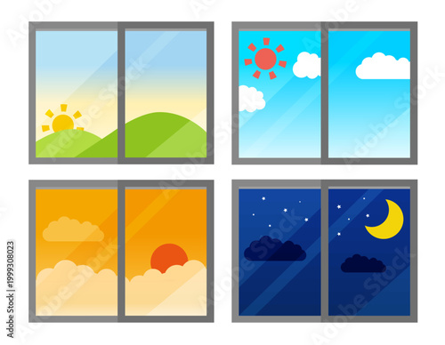 This is a set of illustrations of windows for morning, noon, and night.