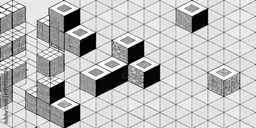 Isometric cube arrangement black and white line drawing