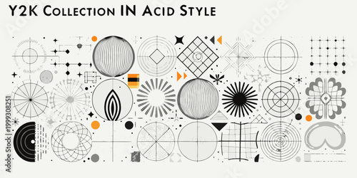 Y2k style geometric shapes and patterns collection on white background
