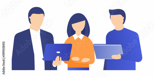 Team of three people with laptops flat vector illustration