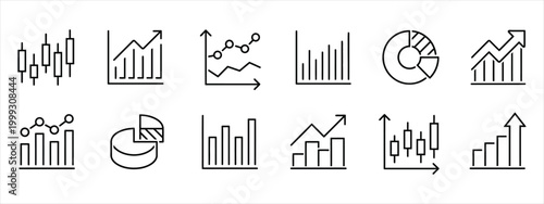 Minimalist business data visualization icons, set of 12 thin line financial charts, professional stock market analytics and growth graphs vector
