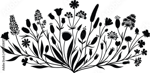 Black silhouette of a bouquet of wildflowers and grasses on a white background in a floral arrangement