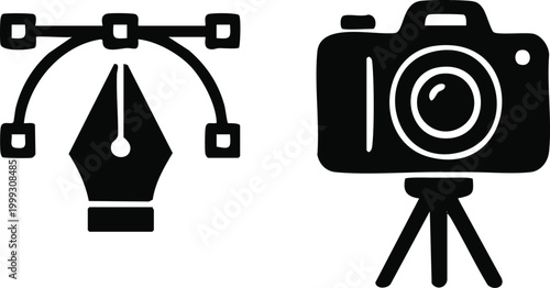 Black and white of a balance scale and a camera on a tripod monochrome