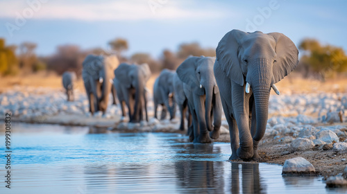 Large elephant herd at a savanna watering hole during dry season, African wildlife conservation concept, nature photography, defocused landscape, with copy space