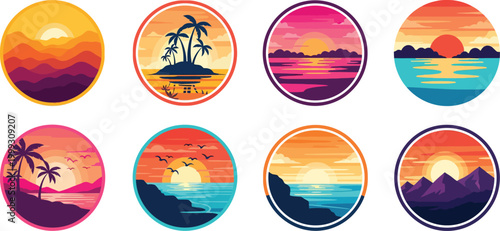 Colorful sunset scenes with palm trees silhouettes and mountain ranges at beach destinations in oval frames on white background