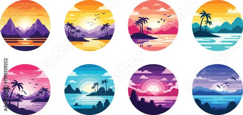 Collection of eight oval sunset landscapes with tropical islands and palm trees in various colorful vibrant hues and shades