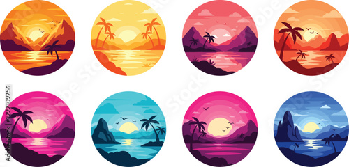 Vibrant tropical island sunset scenes in oval shapes with palm trees and serene ocean views in warm colorful light
