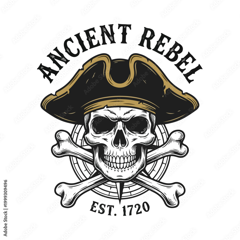 Fototapeta premium Stylized illustration of a pirate skull with crossed bones, wearing an admiral hat, set against a compass rose with 'Ancient Rebel Est. 1720' text, conveying a vintage adventurous mood