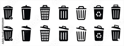 Minimalist trash can icon set, black waste bin vector symbols, 14 garbage and recycling container silhouettes for UI design and environmental signage