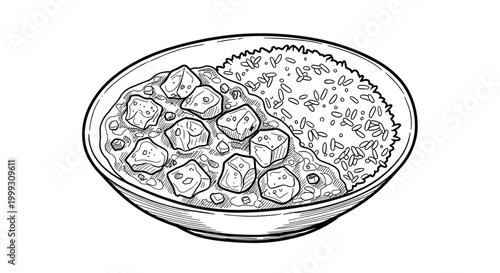 Black and white illustration of chicken curry with rice served in a bowl, showcasing detailed line art and culinary presentation