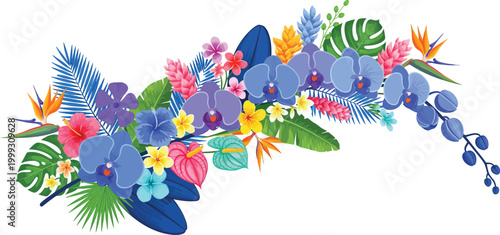 Vibrant colorful tropical floral arrangement with exotic flowers and leaves on white background