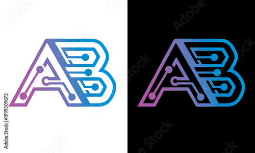 A futuristic illustration of dual AB logos on contrasting white and black backgrounds