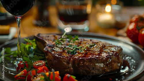 Fine dining steak with elegant wine pairing present as an upscale dining experience, wine and steak dinner atmosphere.