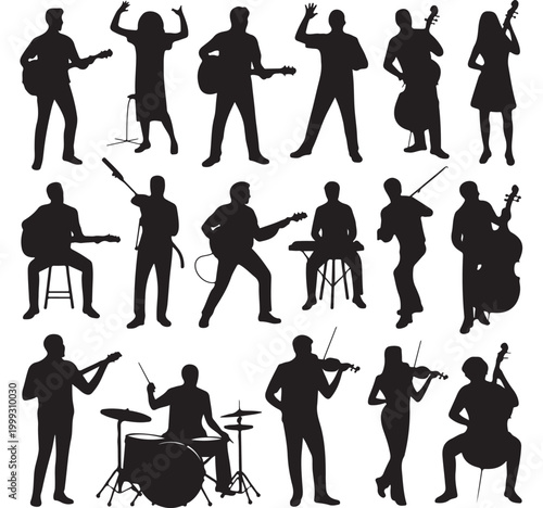 Musical Band and Orchestra Musicians Silhouette Collection Featuring Guitarists Drummers Violinists and Singers on Isolated White Background