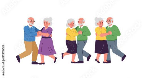 Joyful seniors dancing together in colorful outfits, featuring elderly couples in animated motion on a white background, showcasing vibrant companionship and lively