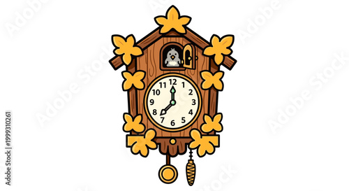 Illustration of a wooden cuckoo clock adorned with yellow leaves, showing midnight against a white background