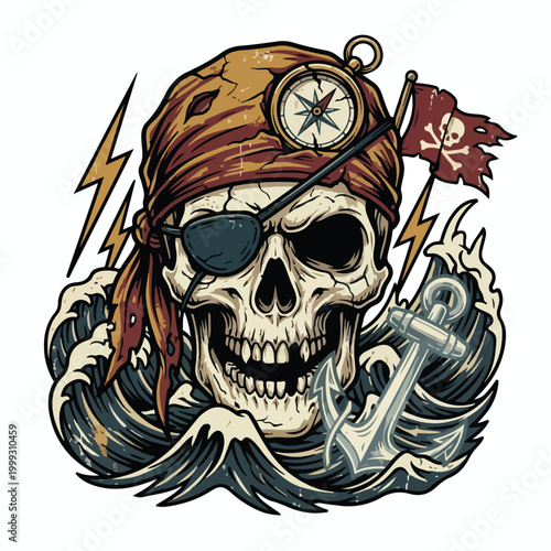A weathered pirate skull with an eyepatch and bandana wears a compass, surrounded by stormy waves, lightning, a Jolly Roger flag, and an anchor, conveying a rugged, adventurous theme
