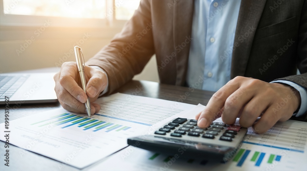 Naklejka premium Business professional analyzing financial reports with calculator and pen, laptop on wooden desk, graphs and charts visible on printed documents