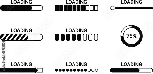 Collection of black and white loading bar and progress indicator designs, including horizontal bars, segmented indicators, and a circular 75% progress icon.
