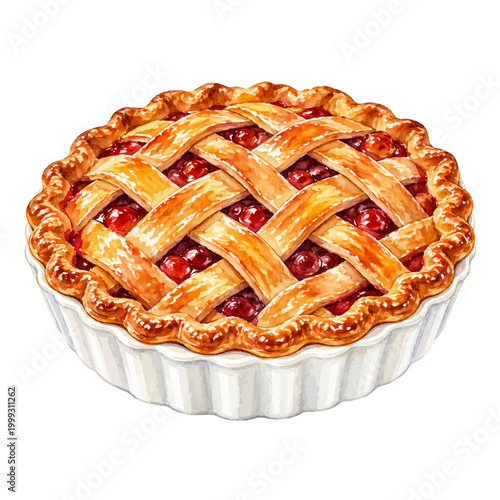 A charming watercolor cherry pie featuring golden lattice crust with glossy red fruit filling illustrated in a natural realistic style.