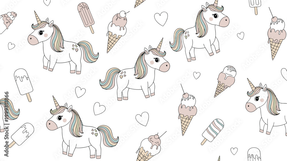 Obraz premium Whimsical seamless pattern displays cute unicorns, ice cream cones, hearts, and colorful popsicles for kids.