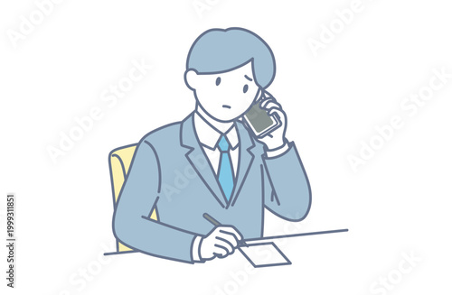 メモを取りながら電話対応する不安な会社員のイラスト