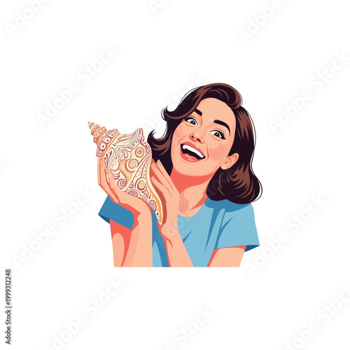 Woman holding seashell to her ear on a white background illustration