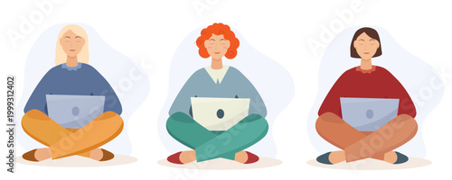 Three girls sitting with a laptop in their hands, isolated on a light background. The women depicted are working: a blonde, a brunette, and a redhead. Remote work