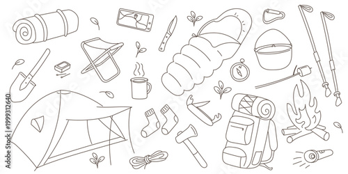 Camping Icons Outline Set with Tent Backpack Sleeping Bag Campfire Hiking Gear and Outdoor Equipment Collection for Travel Apps Infographic and Survival Design