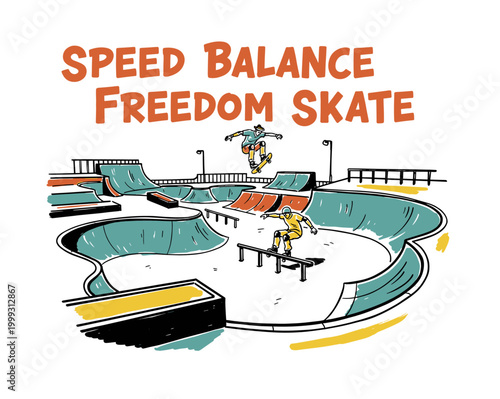 Skateboarding lifestyle illustration. Retro skate park vector design. Speed balance freedom skate poster. Extreme sports urban culture concept.