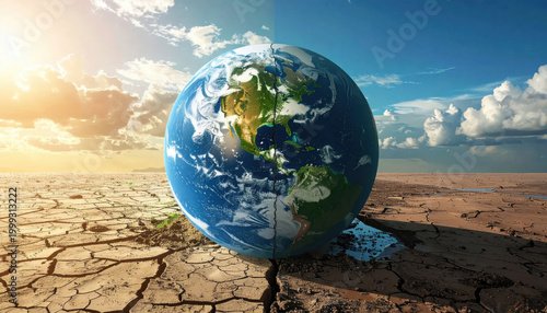 Global climate crisis, dry earth, cracked ground, blue planet, broken globe