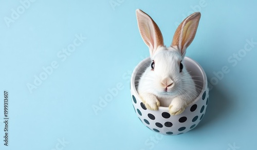 white baby rabbit peeking out of a white ceramic polka dot bowl on a soft blue background with a curious innocent expression